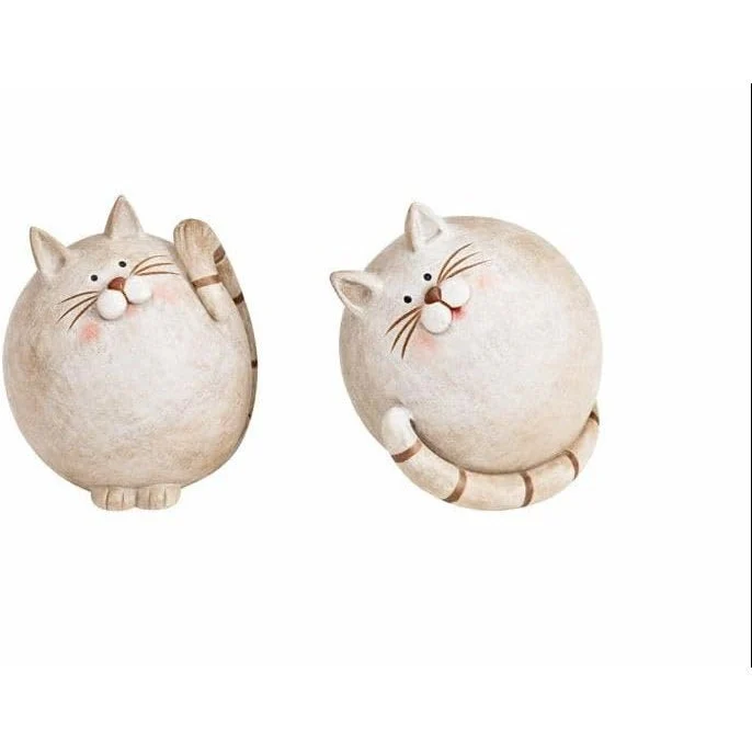 Deko-Katze 2er-Set naturfarben 9 cm – runde Katzenfiguren aus Polyresin zum Hinstellen für Katzenfreunde