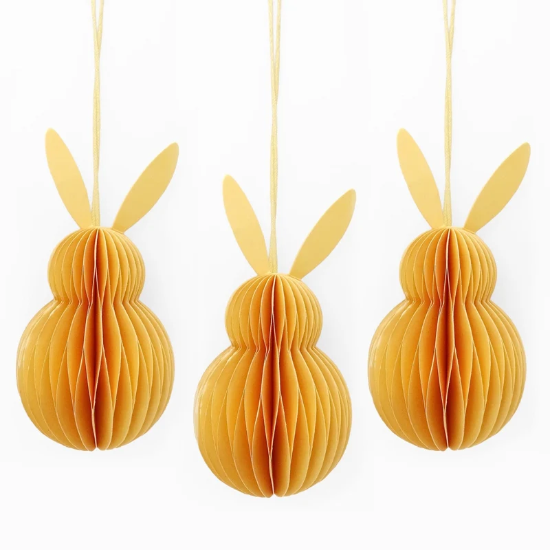 Honeycomb Hase gelb 3er-Set – Hänger aus Papier/Pappe 10 cm hoch – Osterdeko in Wabenoptik zum Aufhängen für Frühling, Fenster oder Zweige – Logbuch-Verlag