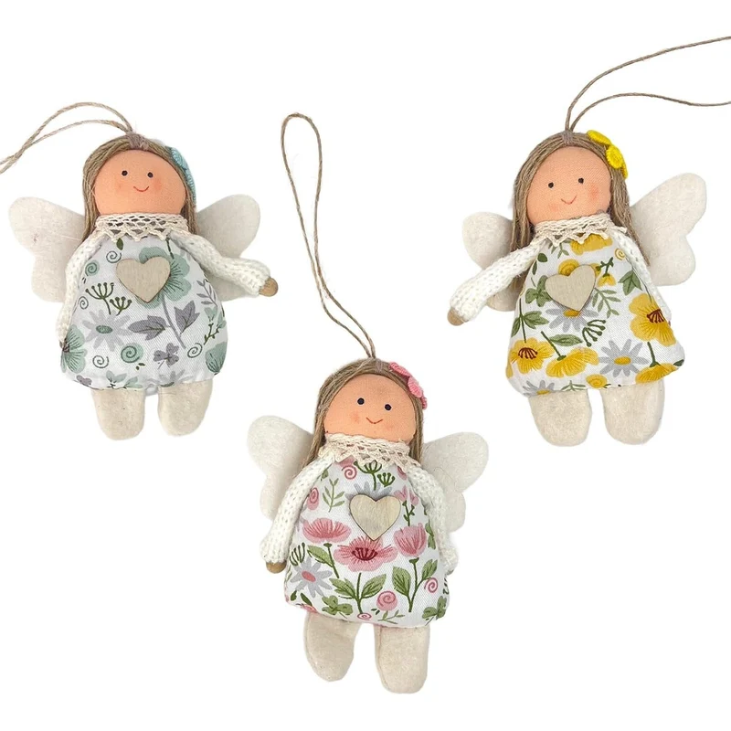 Deko-Elfen 3er Set Flowerpower aus Stoff zum Hängen, je ca. 10 cm, rosa-gelb-grün, Frühlingsdeko