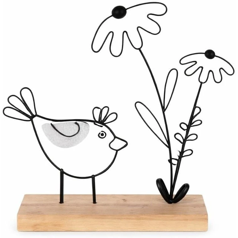 Logbuch-Verlag Draht-Vogel auf Standfuß – 20 cm – Dekofigur aus Metall, Bambus & Stoff – Moderne Frühlingsdeko in Schwarz-Natur – Frühling Osterdeko Fensterbrett