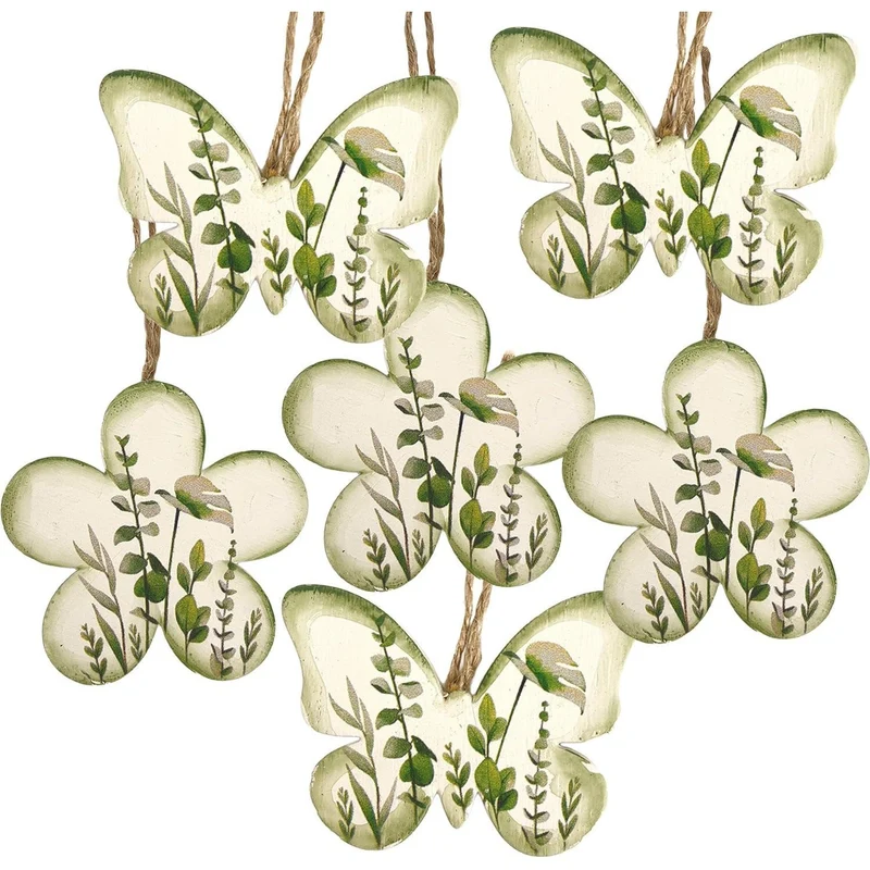 Holz-Deko Schmetterling & Blume Eukalyptus 6er-Set – Sortiert in Weiß-Grün Ø 6,5–7 cm – Frühlingsdeko in Box zum Basteln oder Dekorieren – Logbuch-Verlag