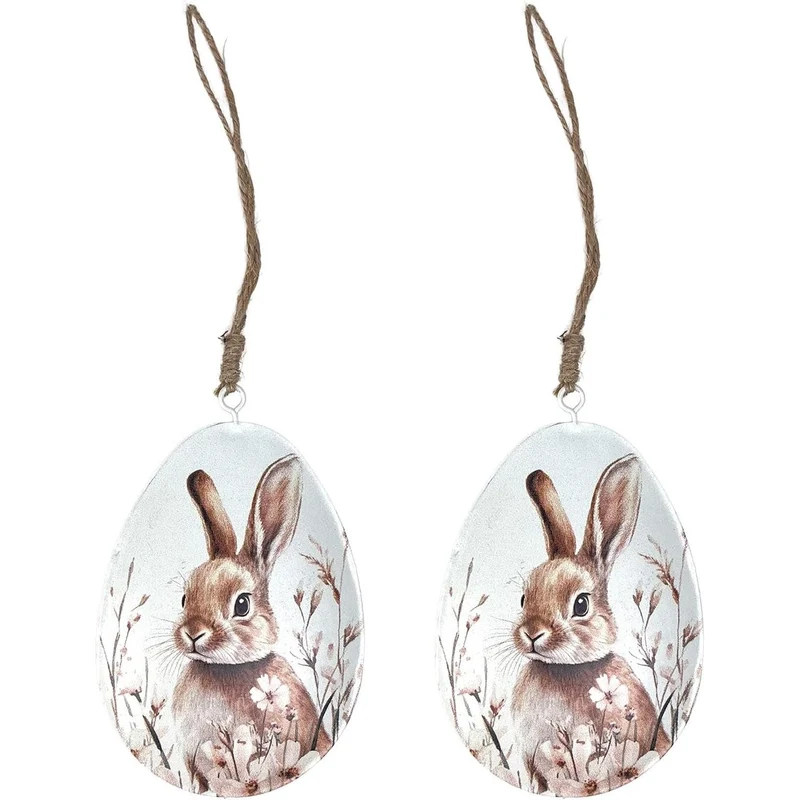 Metall-Eier 2er-Set mit Hasenbild – je ca. 11 x 8 cm – weiß-braun coloriert – Osterdeko zum Hängen im natürlichen Stil – Logbuch-Verlag