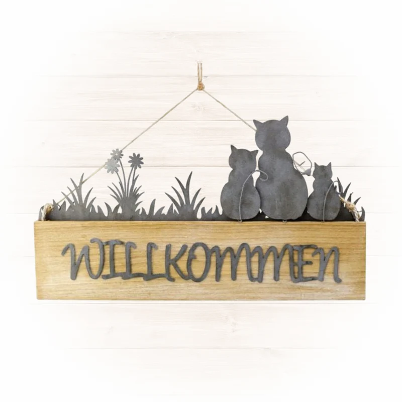 Holz-Metall-Schild Willkommen mit Katze ca. 28 x 16 cm – Türschild und Wanddeko in Natur, Grau und Weiß