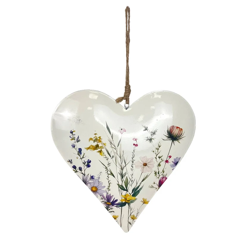Metall-Herz Blumenwiese zum Hängen – ca. 21 cm – weiß-bunt handbemalt – romantische Frühlings- und Sommerdeko – Logbuch-Verlag