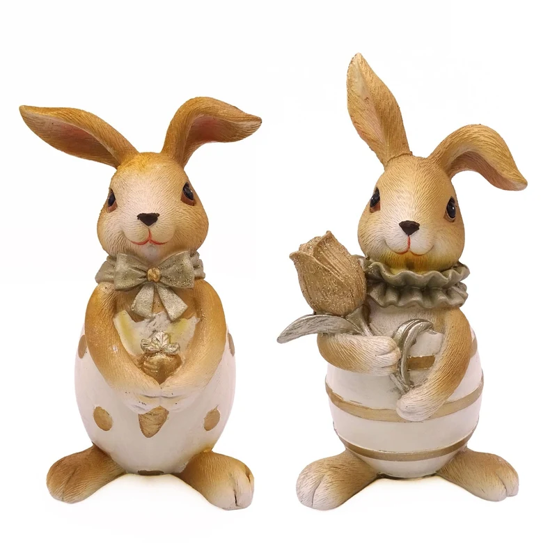 Logbuch-Verlag Hasen in Ei 2er Set aus Magnesia – Osterfiguren braun-weiß 12 cm – Frühlingsdeko zum Hinstellen