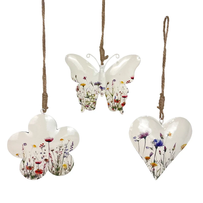 Metall-Deko 3er-Set Schmetterling, Blume & Herz Wiese zum Hängen – weiß-bunt Sortiert – ca. 10 cm – Frühlingsdeko aus Metall – Logbuch-Verlag