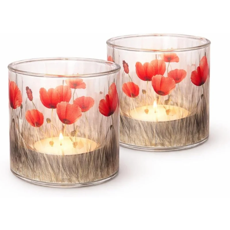Windlicht Glas mit Tulpen-Motiv Ø 9 x 10 cm – Frühlingsdeko Kerzenhalter in Rot und Grün für Ostern und den Tisch