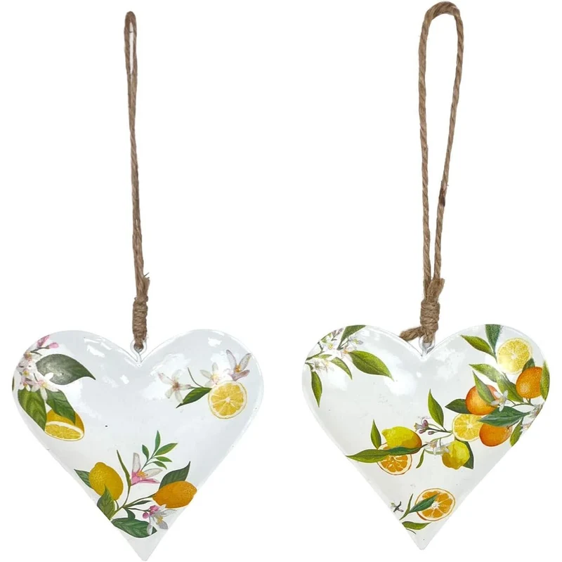Metall-Herzen 2er-Set Zitrusfrüchte zum Hängen – je ca. 10 cm – weiß-gelb-orange Sortiert – Sommerdeko für Küche & Balkon – Logbuch-Verlag