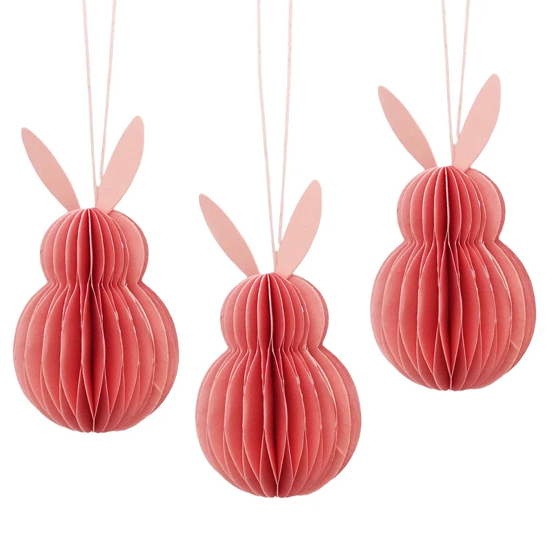 Honeycomb Hase rosa 3er-Set – Hänger aus Papier/Pappe 10 cm hoch – Osterdeko zum Aufhängen für Zweige, Fenster oder Frühlingstisch – Logbuch-Verlag