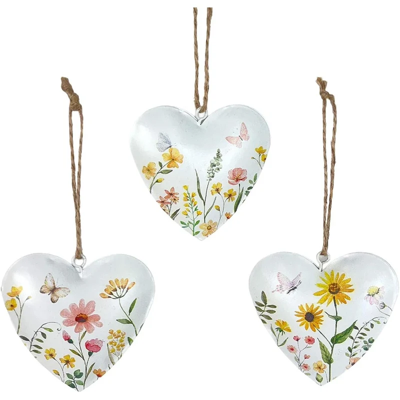 Metall-Herzen 3er-Set Blumenwiese in Box – je ca. 6,5 cm – weiß-bunt handbemalt – Frühlingsdeko zum Hängen – Geschenkidee – Logbuch-Verlag