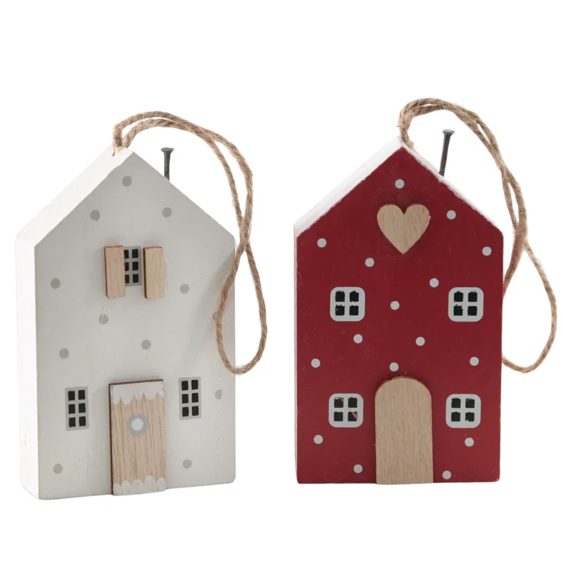 Christbaumschmuck Holzhäuschen 2er-Set aus MDF, ca. 6,2 x 10,5 cm, rot-weiß bemalt, Weihnachtsdeko zum Aufhängen