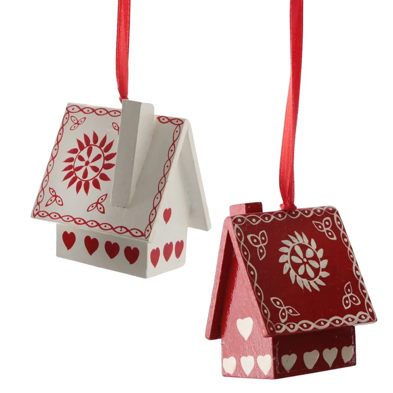 Christbaumschmuck Häuschen 2er-Set aus Papiermaché, ca. 10 x 5 x 8 cm, rot-weiß bemalt, Weihnachtsdeko zum Aufhängen