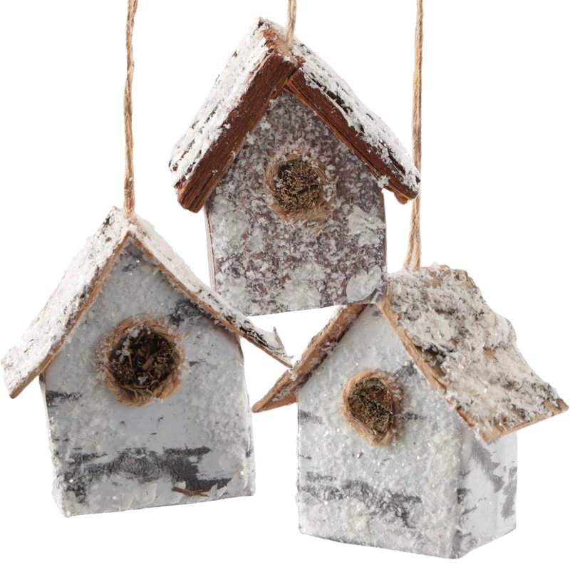 Christbaumschmuck Häuschen 3er-Set aus Kiefernholz, je ca. 8 x 6 x 8,5 cm, mit Schneeeffekt, rustikale Winterdeko