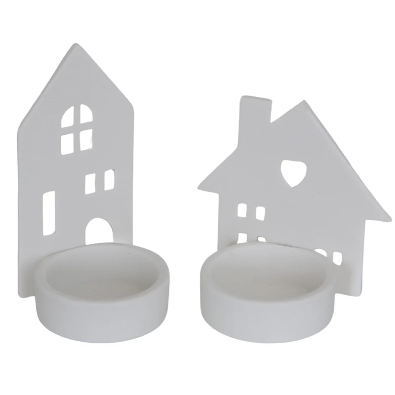 Teelichthalter Haus 2er Set aus Porzellan, Weiß, 9 cm – Skandi-Weihnachtsdeko Windlichter in Hausform