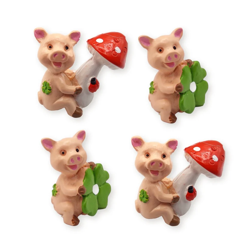 Glücksschweine 4er Set Mini-Figuren mit Kleeblatt und Fliegenpilz, ca. 3 cm aus Polyresin – Glücksbringer für Silvester
