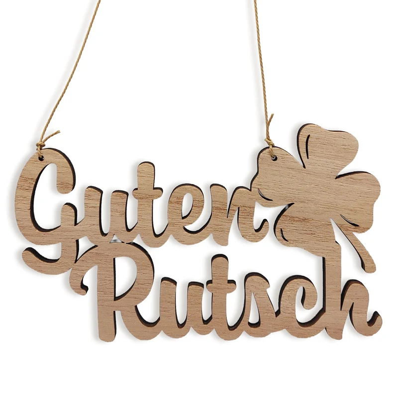 Holz-Schriftzug Guten Rutsch mit Kleeblatt, ca. 15 x 8,5 cm – Türschild zum Aufhängen für Silvester und Neujahr