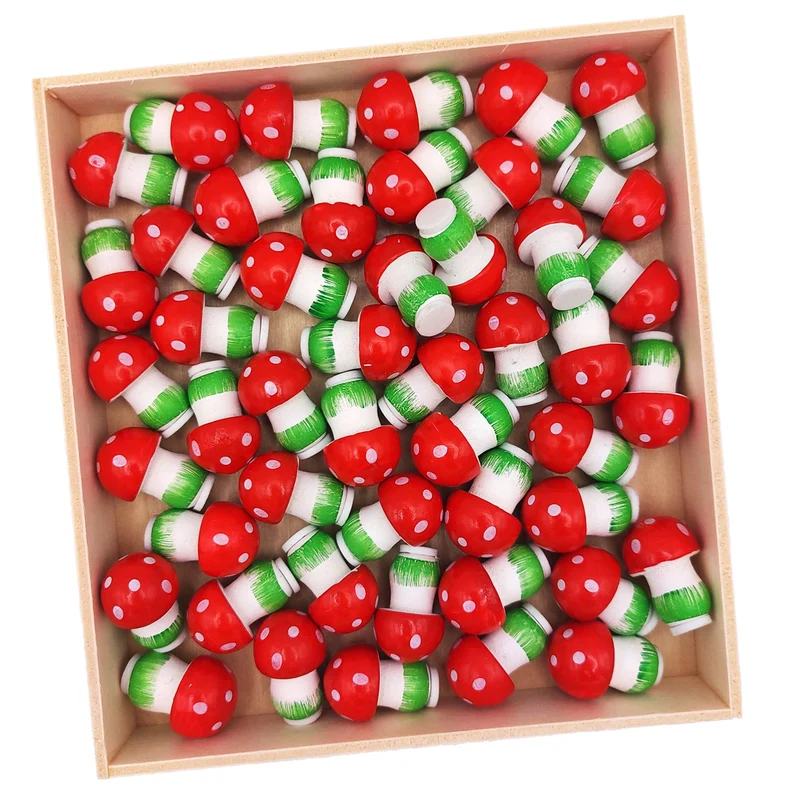 48 Mini-Glückspilze aus Holz mit Klebepunkt – Streudeko und Glücksbringer für Silvester, ca. 2 cm in der Holzbox