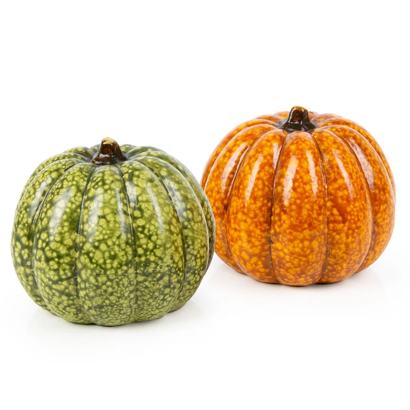 2 kleine Deko Kürbisse aus Keramik orange grün rund 8,5 cm