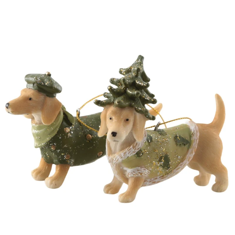Christbaumschmuck Hunde 2er-Set aus Poly, je ca. 10 cm, lustige handbemalte Weihnachtsdeko zum Aufhängen