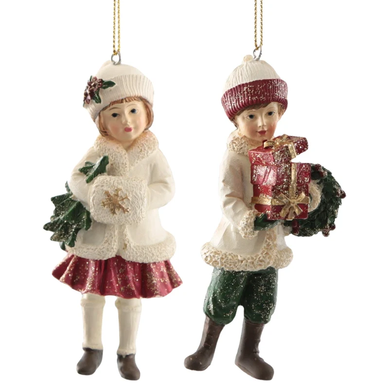 Christbaumschmuck Kinder 2er-Set aus Poly, je ca. 10 cm, handbemalte klassische Weihnachtsdeko zum Aufhängen