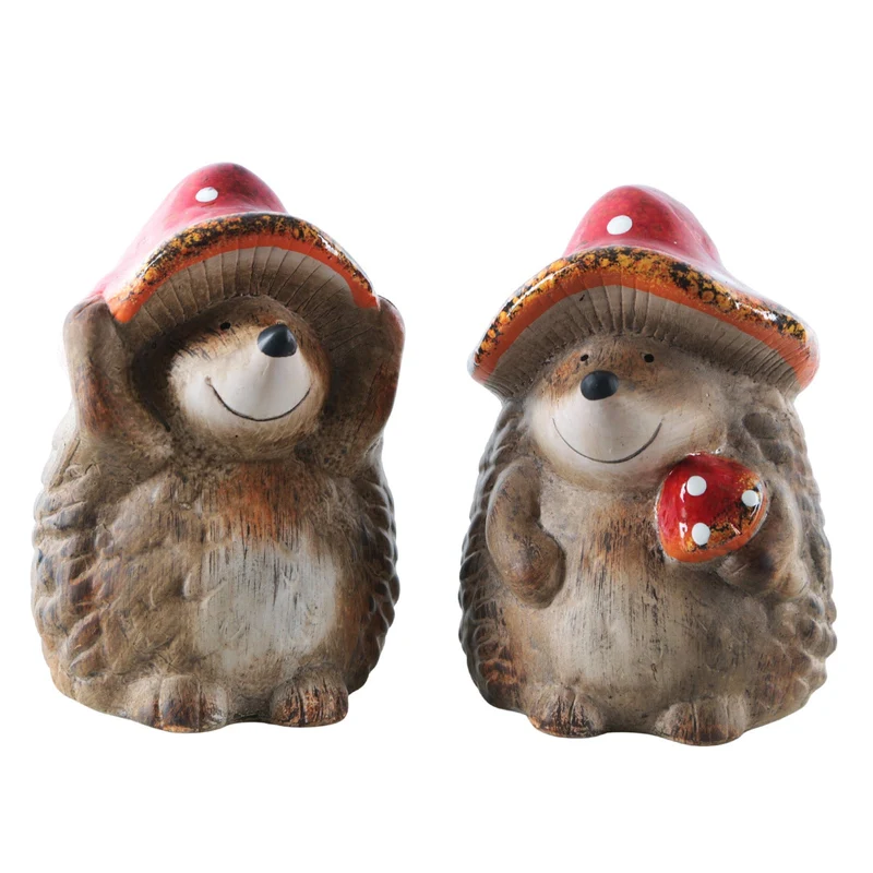 Igel Figuren 2er-Set aus Keramik 18 cm mit Pilz und Hut