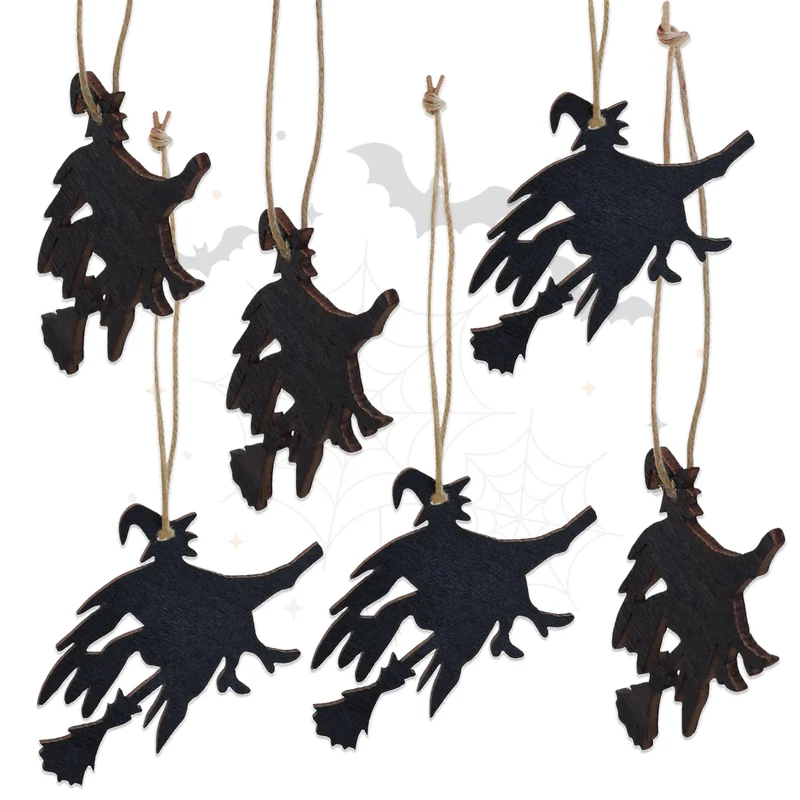 Holz-Hexen schwarz 6er Set zum Aufhängen 6,5 cm – Fliegende Hexen Deko für Herbst und Halloween – Logbuch-Verlag
