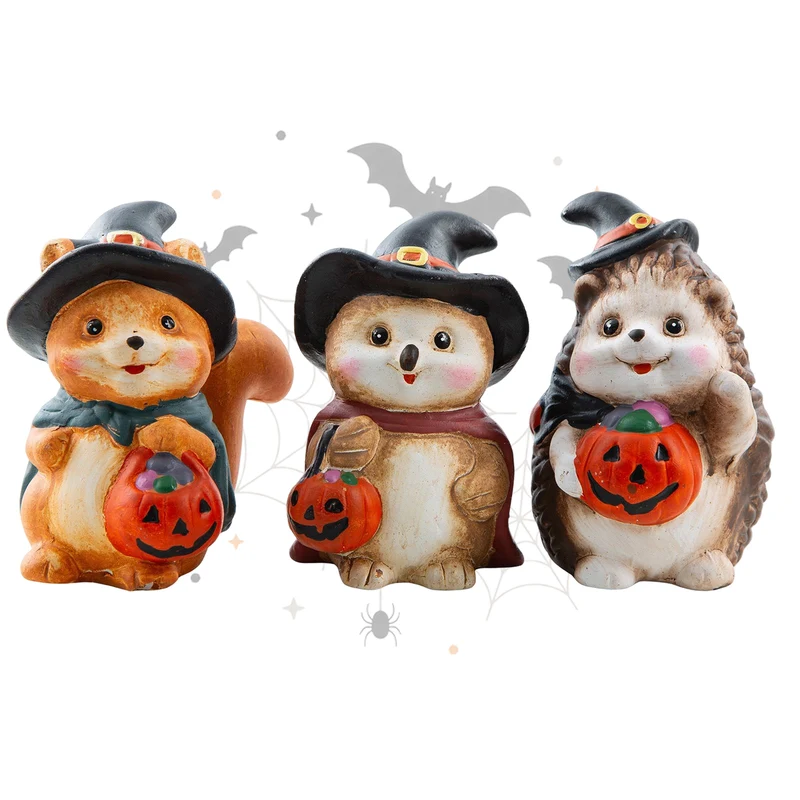 Deko-Figuren Tiere mit Kürbis 3er-Set aus Ton 10 cm – Herbst- und Halloween-Deko für Zuhause