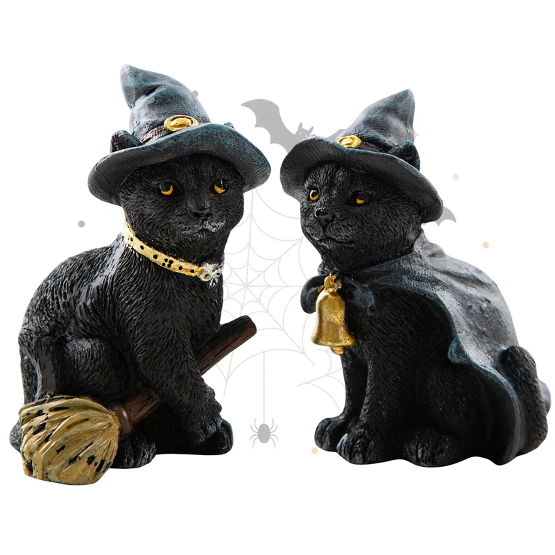 Hexenkatzen 2er-Set Schwarz Poly 6 cm Halloween Figuren mit Hut & Besen Mini-Deko für Tisch, Regal & Fenster