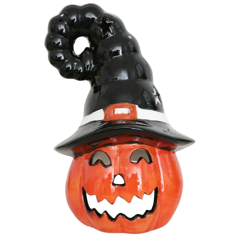 Kürbis mit Hexenhut Keramik 22 cm– Halloween Deko Orange Teelichthalter