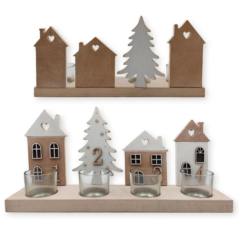 Logbuch-Verlag Advent Teelichthalter aus Holz 34x16,5 cm – Deko-Leiste mit Häusern, Bäumen & Teelichtgläsern Natur-weiß-grau Sortiert – Weihnachtsdeko