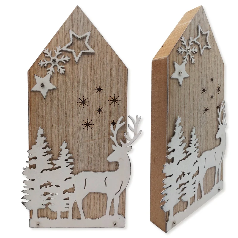 Logbuch-Verlag Holz-Metall-Haus „Winterwald“ 22 cm – Dekohaus aus Holz mit REH & Bäumen in Antik-Weiß – Winterliche Weihnachtsdeko zum Hinstellen