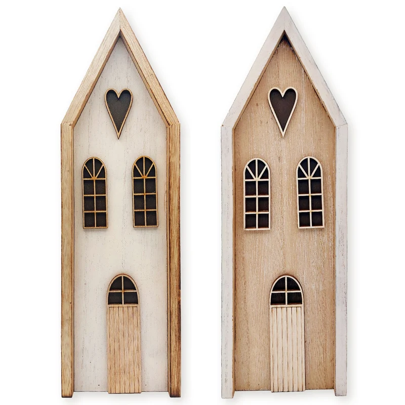 Logbuch-Verlag 2er Set Holzhäuser Natur-weiß 28,5 cm – Weihnachtsdeko aus Holz im Landhaus-Stil – Winterliche Deko zum Hinstellen