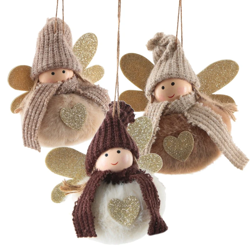 Engel Anhänger 3er Set Stoff & Wolle Weihnachtsengel Creme braun Gold 8 cm –Schutzengel