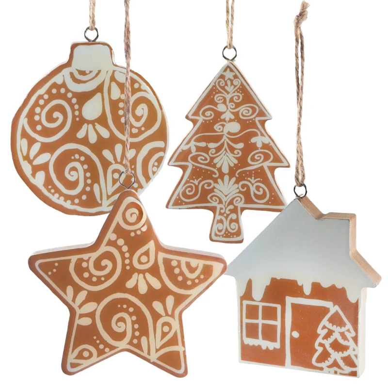 Holzanhänger Lebkuchen Deko 4er Set –Weihnachtsanhänger 9 cm– braun weiß