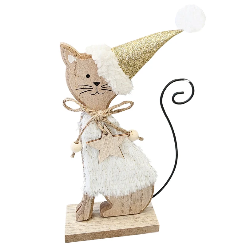 Logbuch-Verlag Weihnachtskatze Holz 20 cm – Creme-goldene Dekofigur mit Stern und Glitzerhut – Winterdeko Katze zum Hinstellen