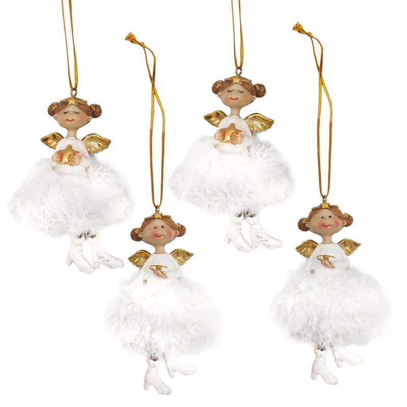 4er Set Engel Anhänger weiß Gold flauschig H11 cm