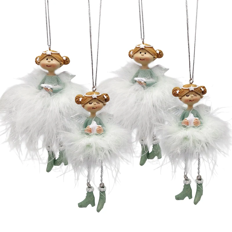 4er Set Engel Anhänger Mint weiß Federn H ca. 11 cm – Schutzengel & Weihnachtsdeko