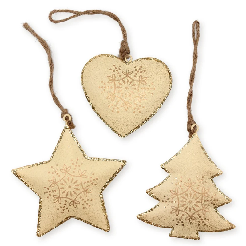 3er Set Metall Anhänger Stern Herz Baum Creme Gold 8-9 cm Weihnachtsdekoration zum Aufhängen