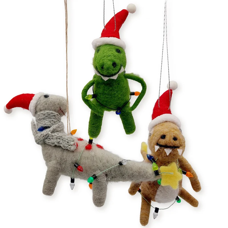 3er Set Filz Weihnachtsanhänger Xmas-Dino weihnachtliche Dinosauerier Weihnachtsdekoration bunt 10-13 cm