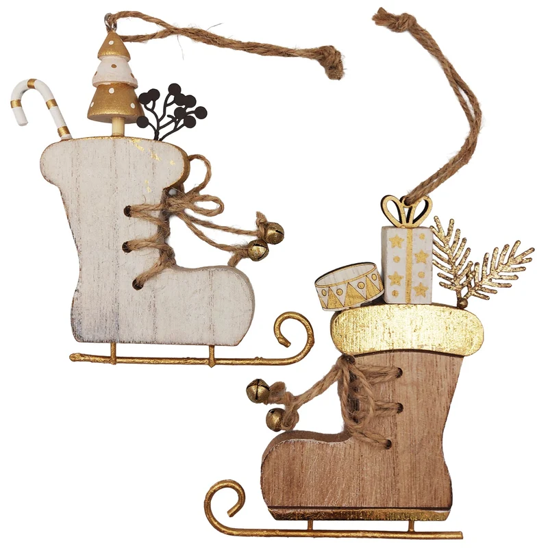 2er Set Schlittschuhe Weihnachtsbaumanhänger Holz Metall Natur weiß Gold ca.12-13 cm