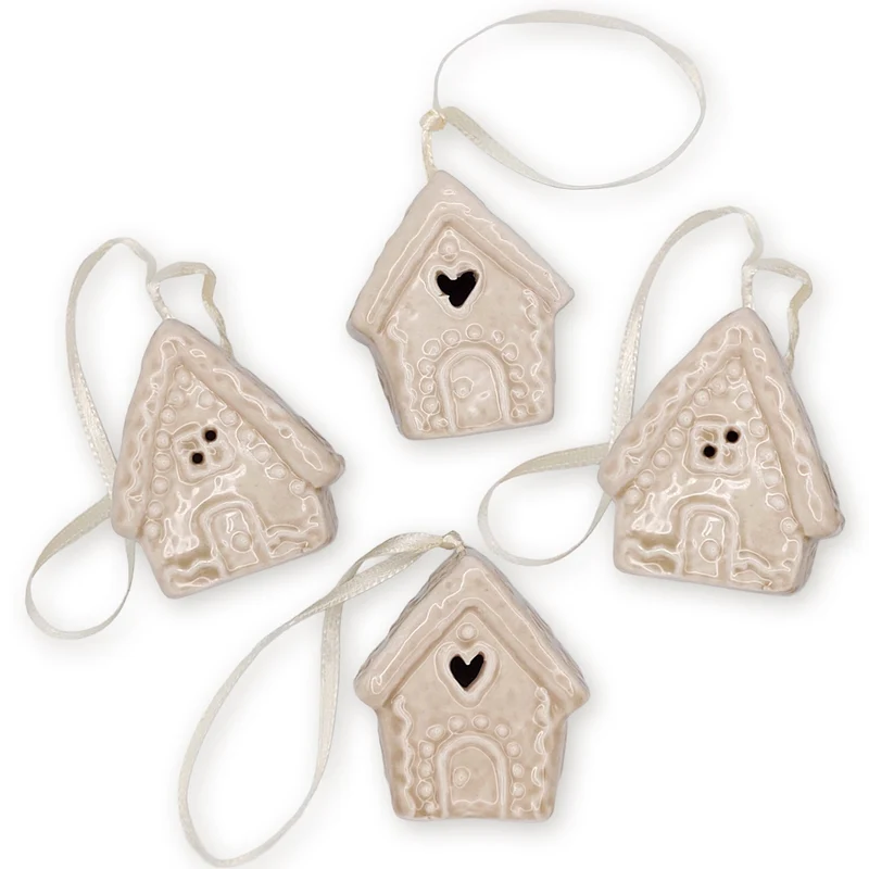 4er Set Porzellan Lebkuchenhaus Creme braun 4,5×3,5×5 cm –Weihnachtsanhänger