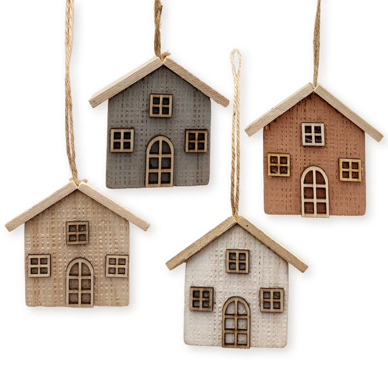 4er Set Holz Häuser Anhänger Natur/grau/weiß/braun H/B ca. 7,5 cm – Weihnachten & Ganzjahrsdeko