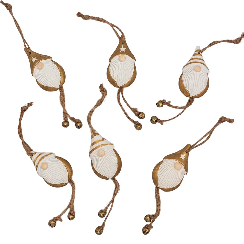 6er Set Wichtel Anhänger weiß Gold mit Glöckchen Poly 5,5×10,5 cm