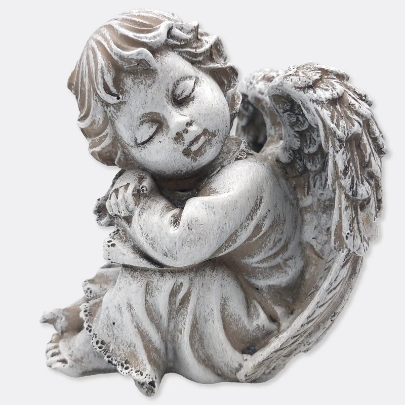 Engel Figur sitzend Grau H 11,5 cm –Trauerengel für Grabdeko aus Polyresin