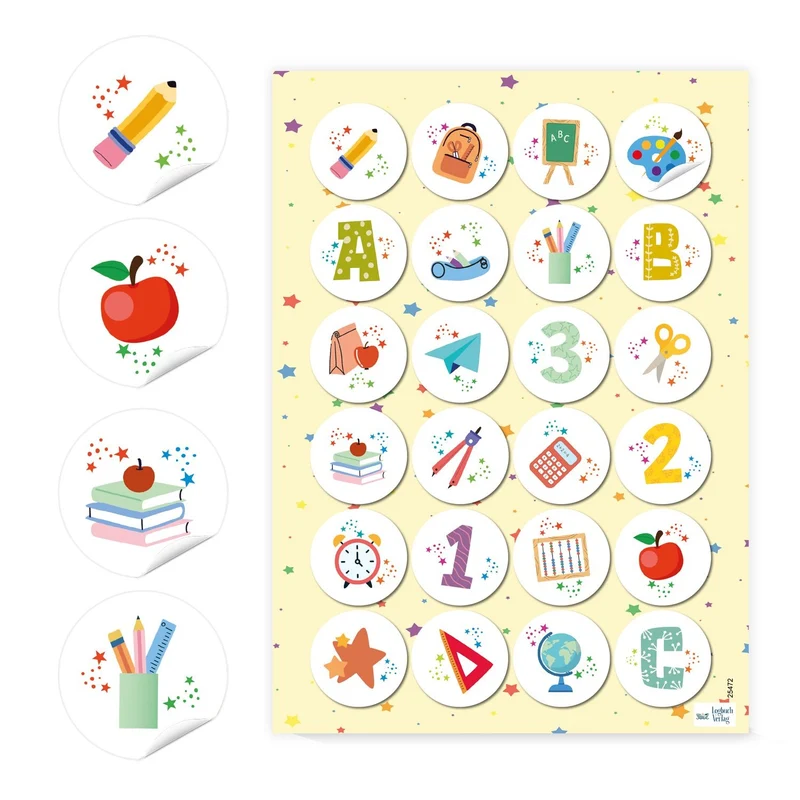 Motivationsaufkleber Schule 24 runde Sticker mit Schulmotiven für Kinder, 4 cm, für Lehrer, Eltern, Schulanfang