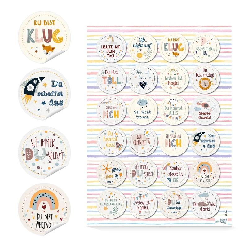Motivationsaufkleber Kinder 24 Stück –runde Affirmations-Sticker mit positiven Sprüchen für Schule, 4 cm, für Lehrer & Eltern zur Stärkung