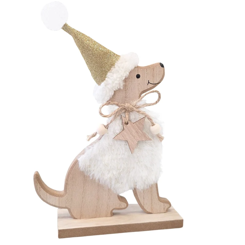 Logbuch-Verlag Weihnachtshund Holz 20 cm – Creme-goldene Dekofigur mit Stern und Glitzermütze – Weihnachtsdeko Hund zum Hinstellen
