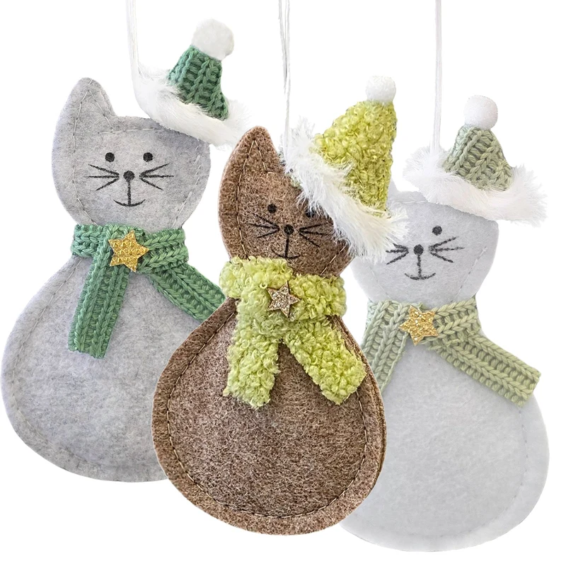 Katzen-Anhänger 3er Set Filz 13 cm Winterdeko zum Aufhängen – mit Mütze & Schal – Weihnachtsdeko Kinderzimmer – Logbuch-Verlag