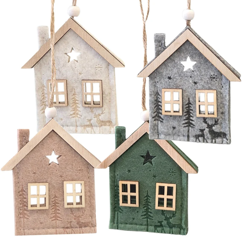 Filz-Häuser Weihnachtsanhänger 4er Set mit Holzdach H 10 cm – Logbuch-Verlag