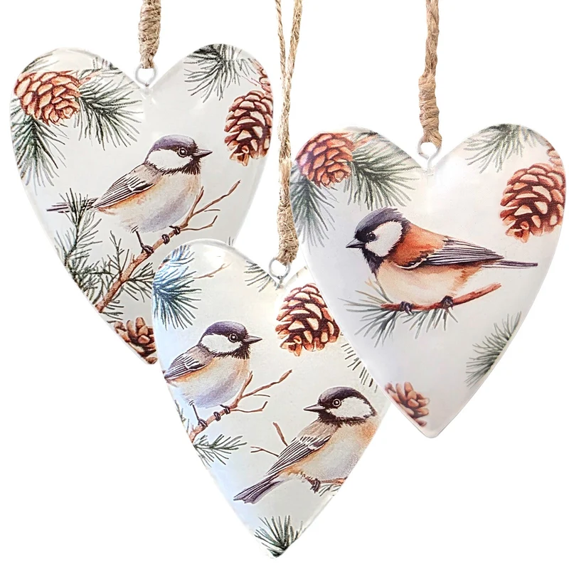 Metallherzen Vögel mit Zweigen 3er Set 11 x 9 cm – Winterliche Deko zum Aufhängen – Weihnachtsdeko Fensterdeko – Logbuch-Verlag